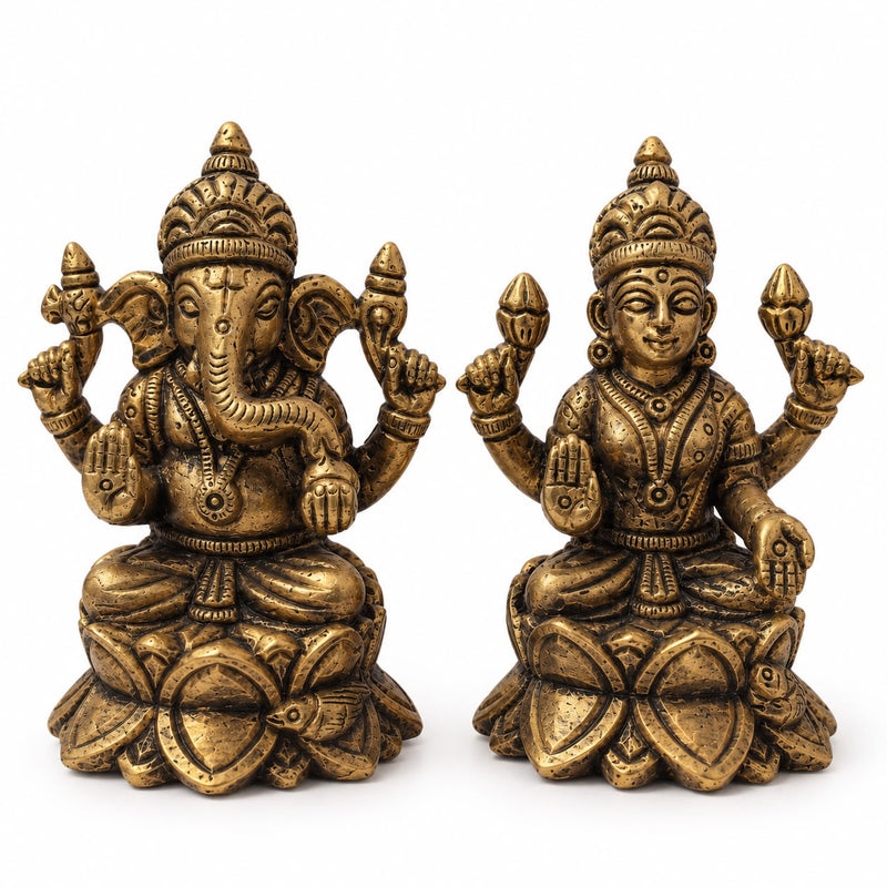 Diwali Special Antique Brass Lakshmi & Ganesha Idol Set – 3.5 Inches Each