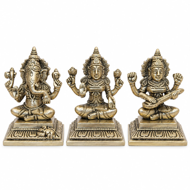 Diwali Special Royal Brass Lakshmi, Ganesha & Saraswati Idol Set – 4.25 Inches | Premium Festive Pooja Collection